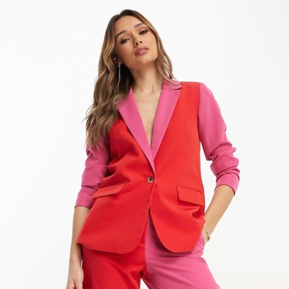 New! VILA Tailored color block blazer in red and pink